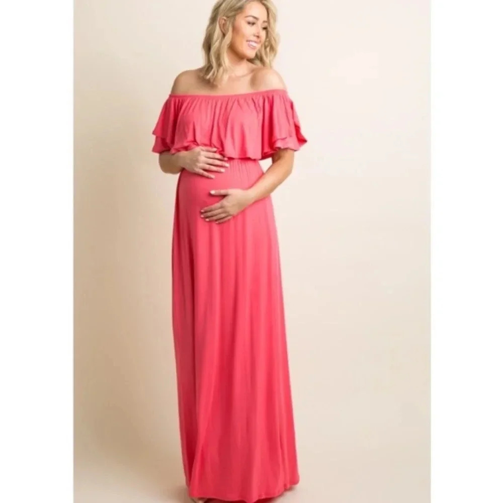 New*PinkBlush Coral Off Shoulder Ruffle Trim Maxi Dres